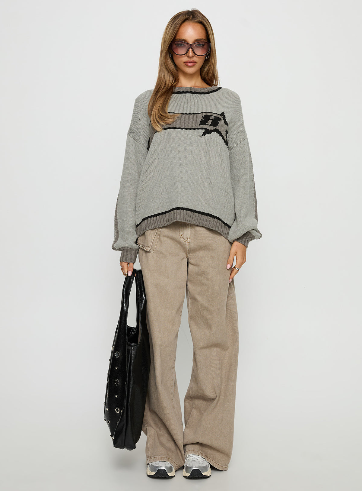 front view of model wearing Princess Polly Star Track Graphic Jumper Grey Longline Jumpers 