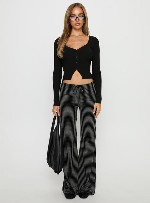 front view of model wearing Princess Polly Alfreda Jersey Pants Grey / Black Stripe Mid Rise Pants 