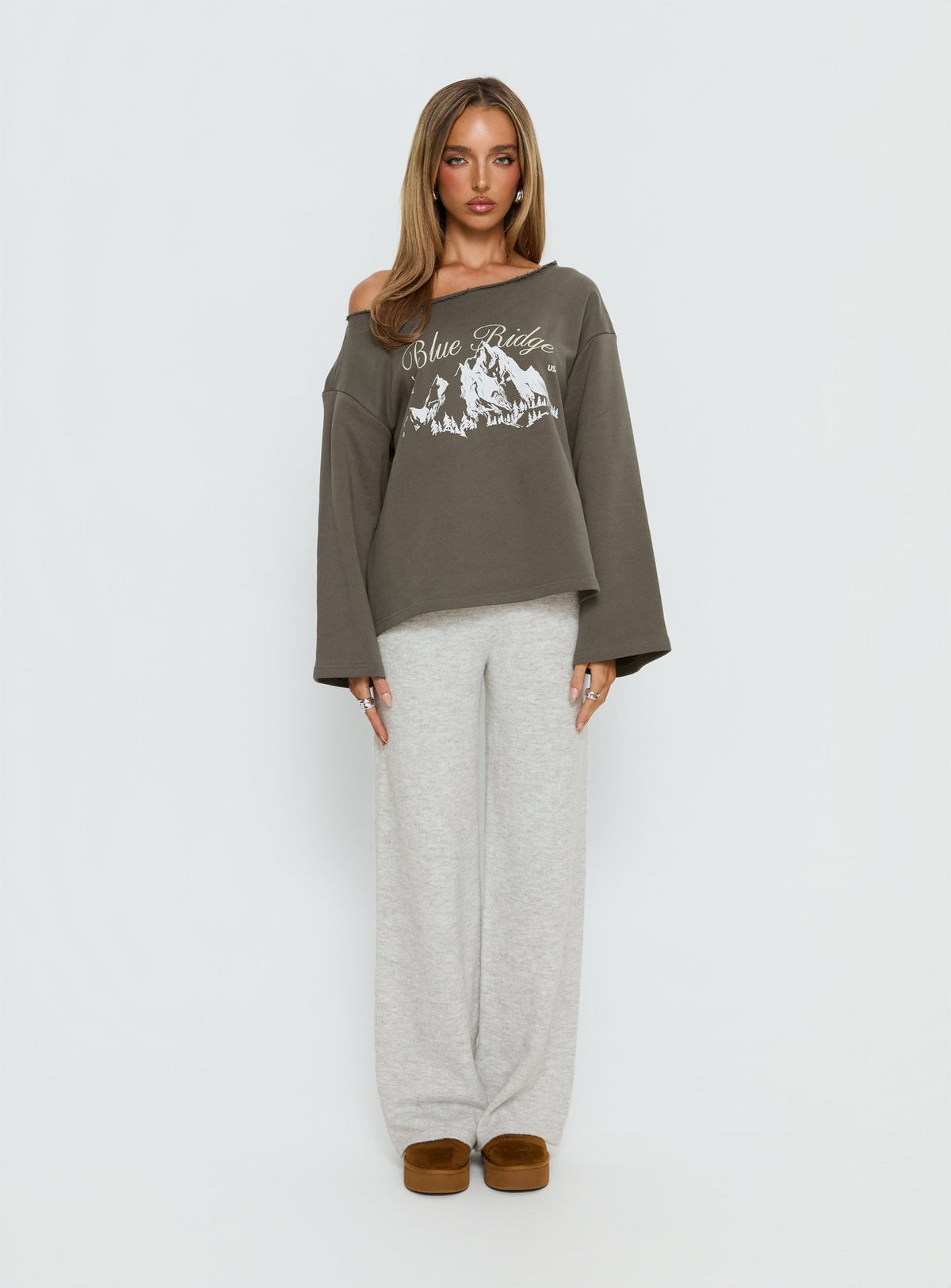 front view of model wearing Princess Polly Bekki Wide Leg Knit Pant Grey Marle High Rise Pants 
