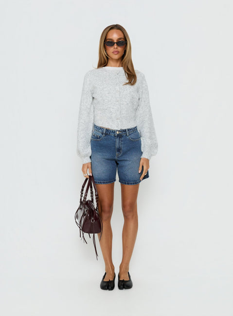 side view of model wearing Princess Polly Dawsen Button Down Cardigan Grey cropped 