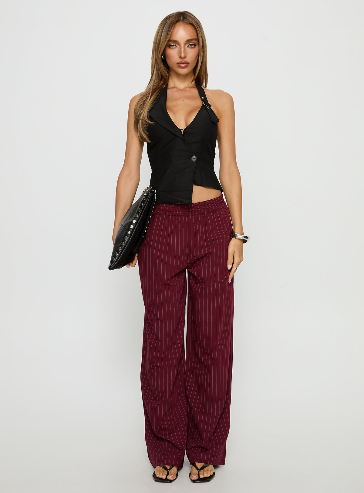 front view of model wearing Princess Polly Jaysa Baggy Wide Leg Pant Burgundy Pinstripe Mid Rise Pants Pants 