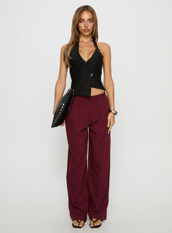front view of model wearing Princess Polly Jaysa Baggy Wide Leg Pant Burgundy Pinstripe Mid Rise Pants Pants 