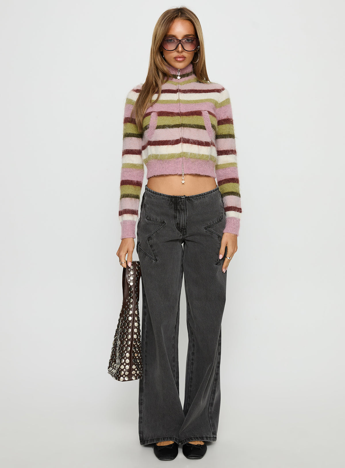 front view of model wearing Princess Polly Dolley Star Stitch Mid Rise Wide Leg Jean Grey Wash Mid Rise Jeans 