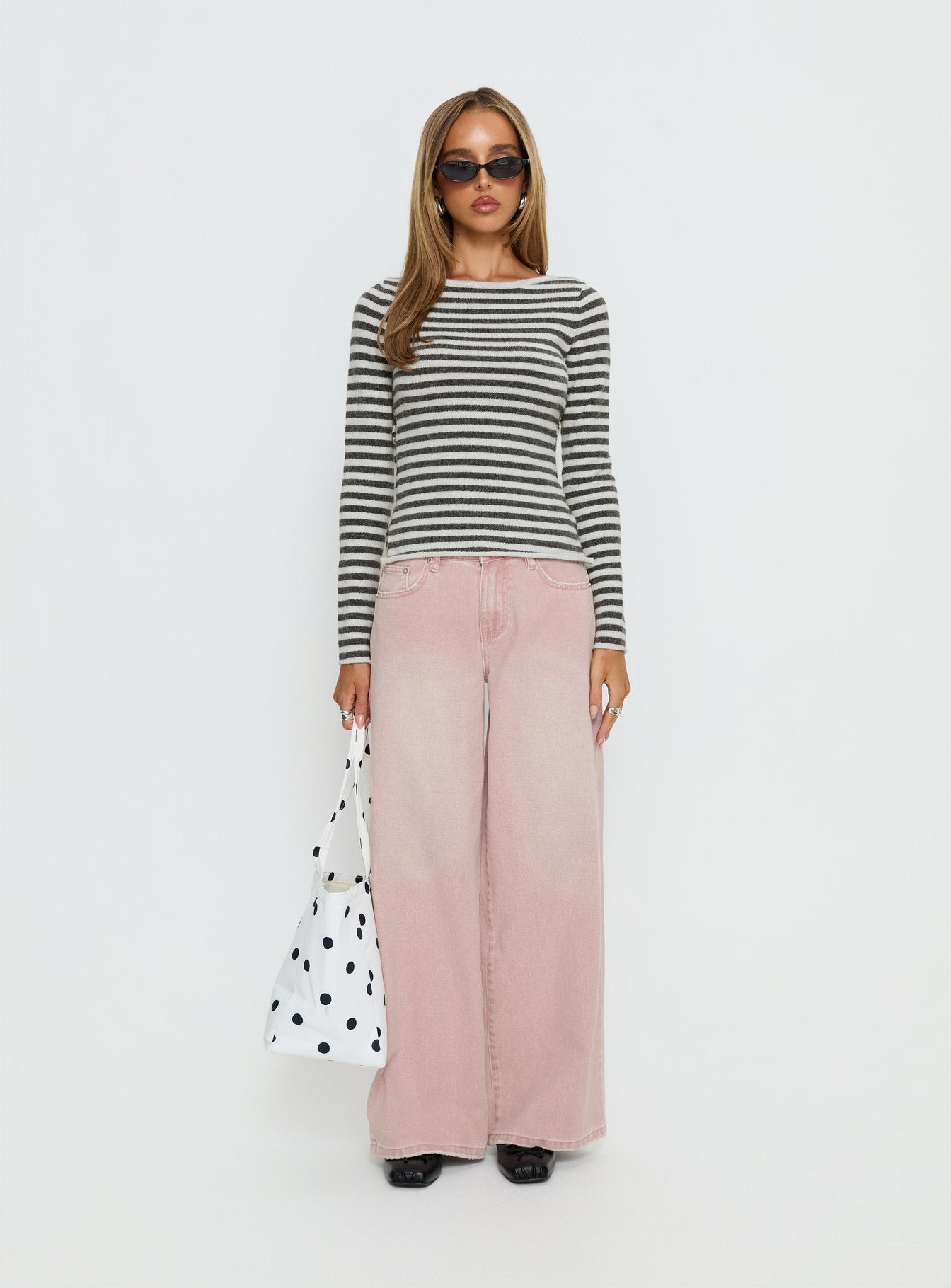 front view of model wearing Princess Polly Lucky Dip Mid Rise Straight Leg Jeans Washed Pink Mid Rise Jeans 