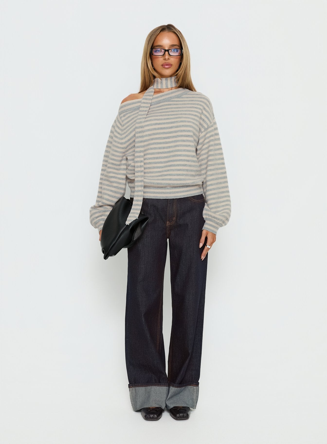 back view of model wearing Princess Polly Ruthi Scarf Off Shoulder Knit Sweater Neutral Stripe 