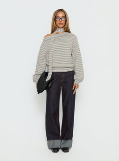 back view of model wearing Princess Polly Ruthi Scarf Off Shoulder Knit Sweater Neutral Stripe 