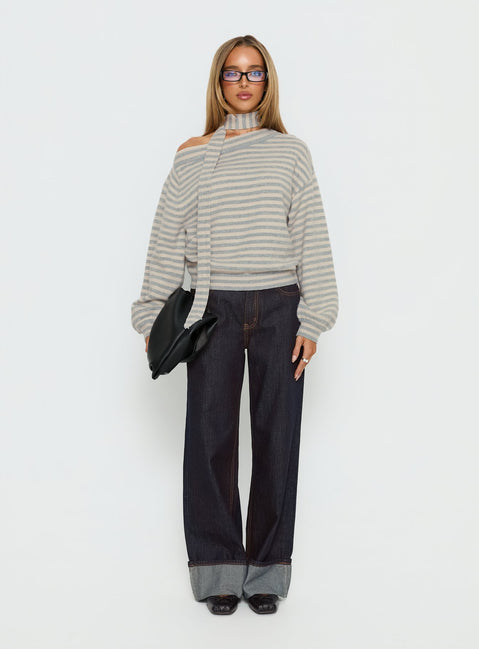 back view of model wearing Princess Polly Ruthi Scarf Off Shoulder Knit Sweater Neutral Stripe 