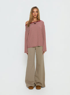 back view of model wearing Princess Polly Ralyssa Off Shoulder Long Sleeve Top Red Stripe Longline Jumpers Jumpers 