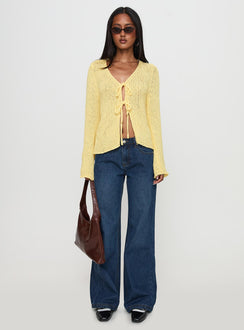 side view of model wearing Princess Polly Swain Knit Cardigan Lemon 