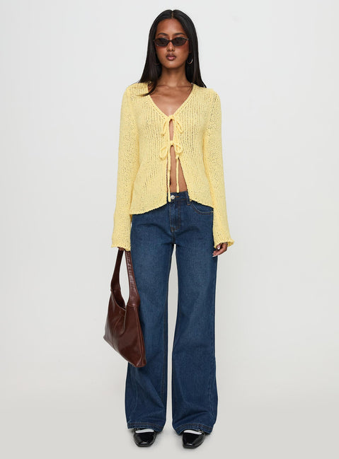 side view of model wearing Princess Polly Swain Knit Cardigan Lemon 