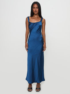 front view of model wearing Princess Polly Emiliana Maxi Dress Blue Scoop Neck 