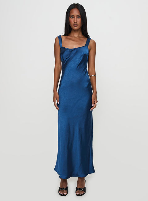 front view of model wearing Princess Polly Emiliana Maxi Dress Blue Scoop Neck 