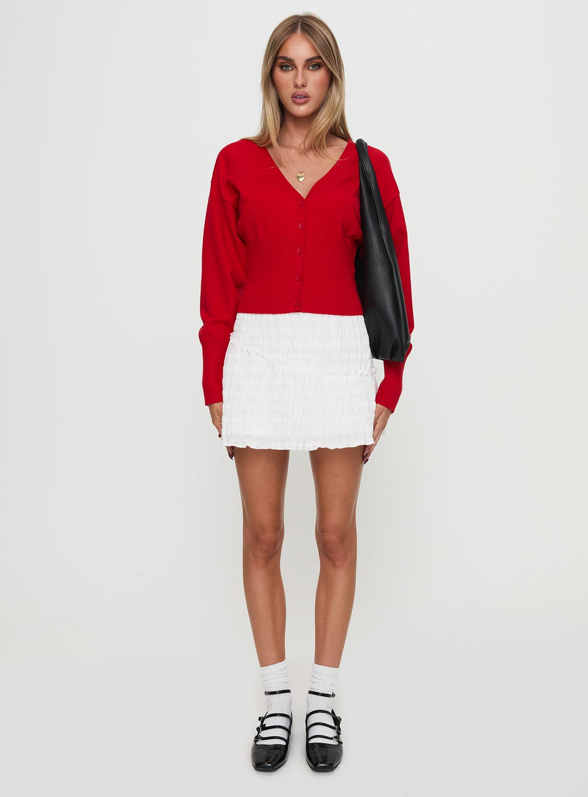 back view of model wearing Princess Polly Wistfully Knit Cardigan Red 