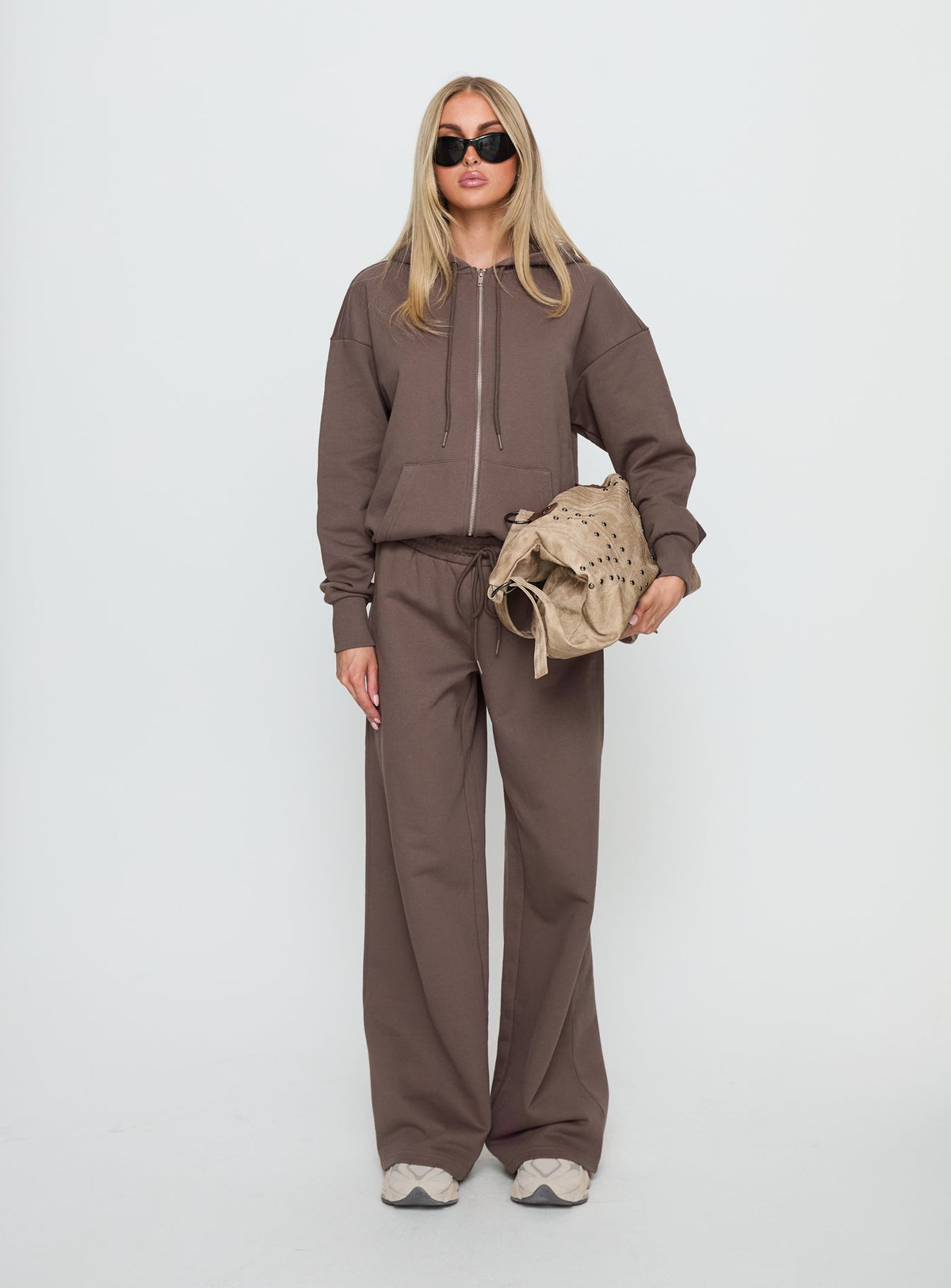front view of model wearing Princess Polly All Day Oversized Hoodie Mocha Longline Jumpers 