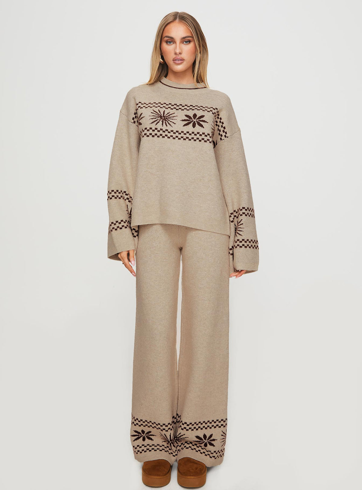 side view of model wearing Princess Polly Anok Graphic Sweater Cream / Brown Long 
