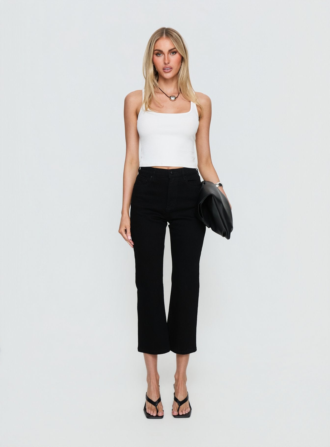 front view of model wearing Princess Polly Cindee High Rise Cropped Jeans Jet Black High Rise Jeans 