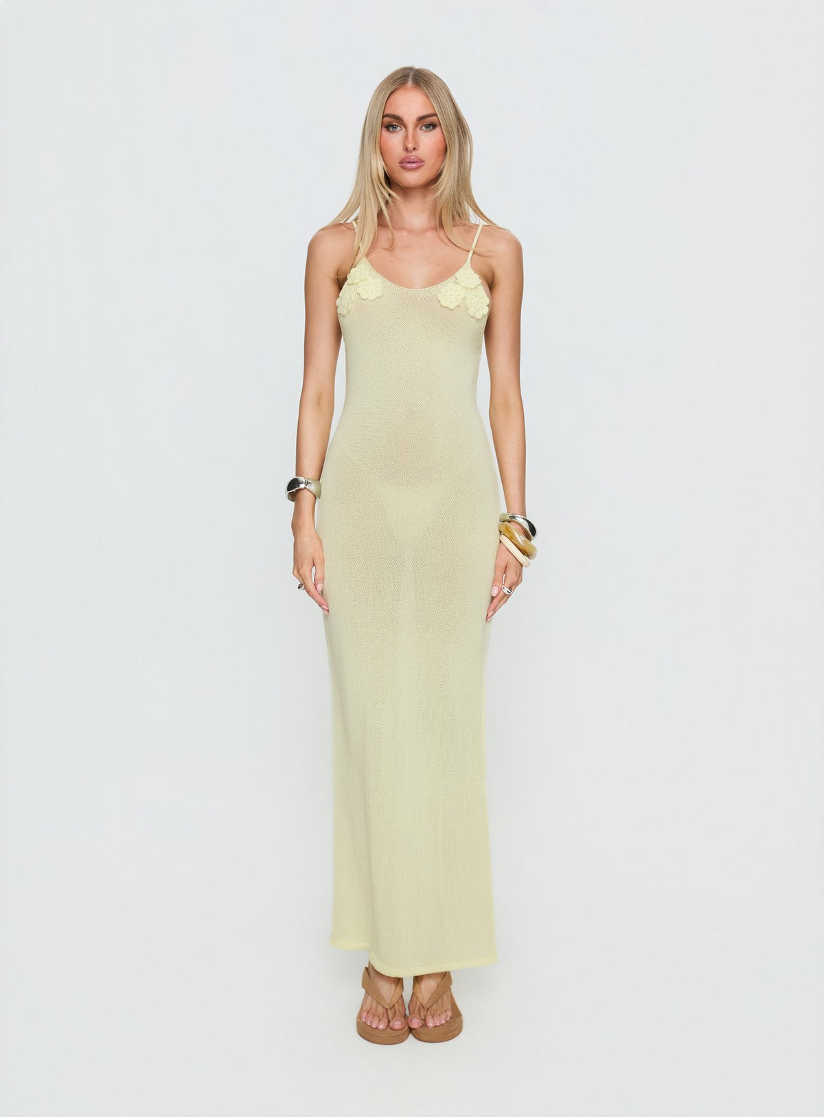 Cinderella Knit Floral Detail Maxi Dress Lemon Yellow