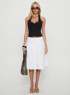   side view of model wearing Princess Polly Cascades Low Rise Midi Skirt White Midi Skirts 