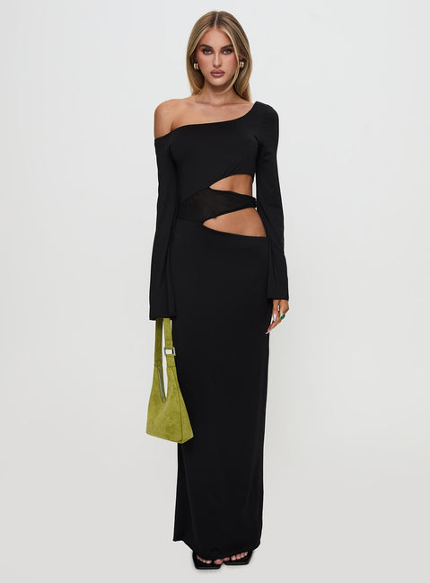 side view of model wearing Princess Polly Kazimier Long Sleeve Maxi Dress Black Asymmetric Neckline 