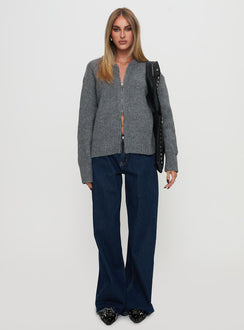 side view of model wearing Princess Polly Lexene Zip Through Jumper Grey Long 