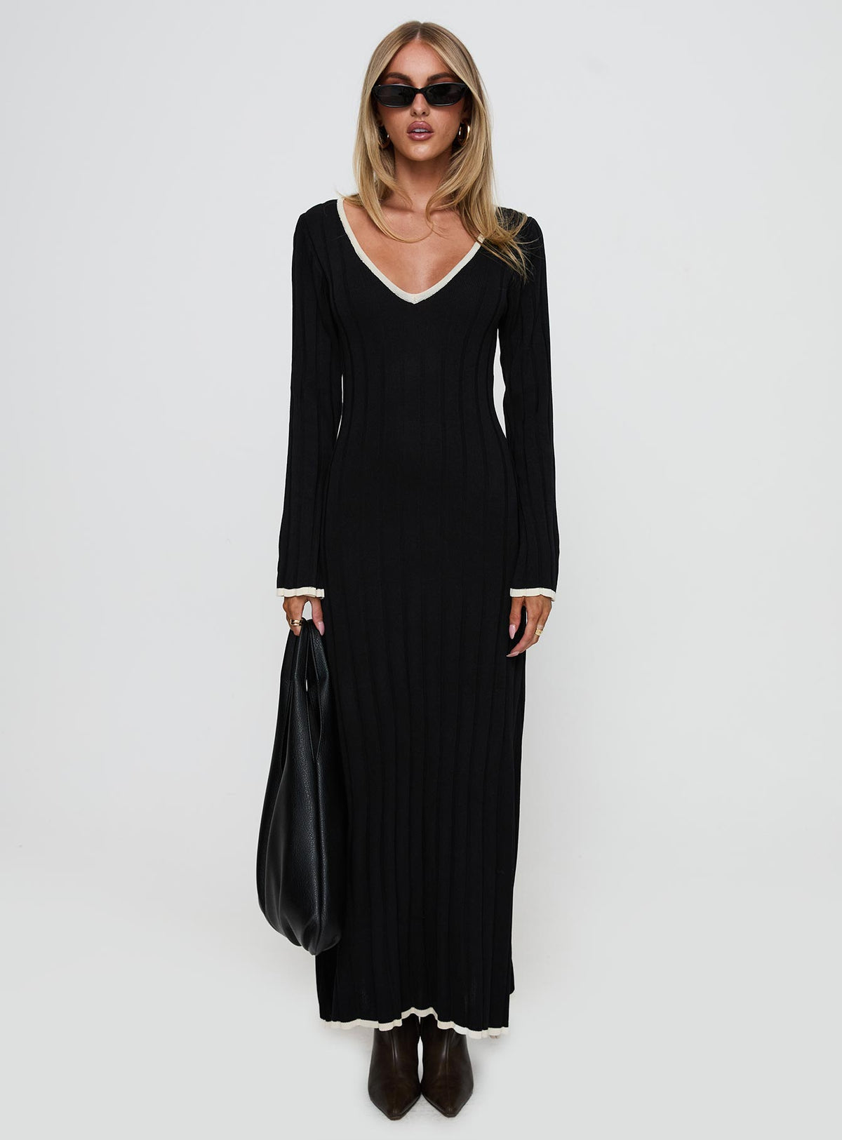 front view of model wearing Princess Polly Claira Long Sleeve Maxi Dress Black Plunger 