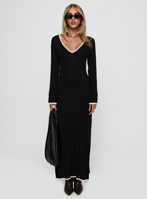 front view of model wearing Princess Polly Claira Long Sleeve Maxi Dress Black Plunger 