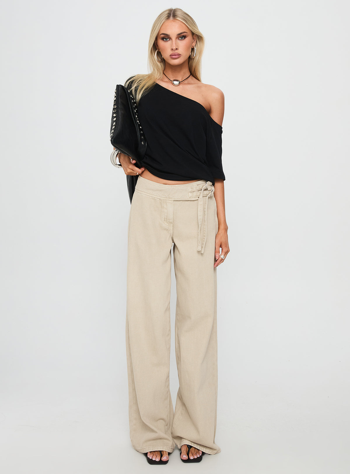 side view of model wearing Princess Polly Boxie Mid Rise Wide Leg Jeans Washed Green Mid Rise Jeans 