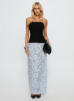   side view of model wearing Princess Polly Carman Lace Midi Skirt Blue Maxi Skirts Skirts 