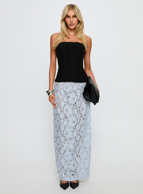   side view of model wearing Princess Polly Carman Lace Midi Skirt Blue Maxi Skirts Skirts 