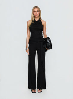 front view of model wearing Princess Polly Katiana Wrap Jersey Pants Black Mid Rise Pants 