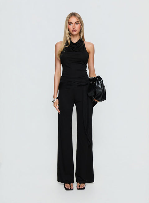 front view of model wearing Princess Polly Katiana Wrap Jersey Pants Black Mid Rise Pants 