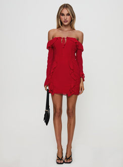 side view of model wearing Princess Polly Mollins Long Sleeve Mini Dress Red Straight Neck 