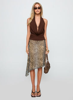   front view of model wearing Princess Polly Diora Asymmetrical Midi Skirt Animal Print Midi Skirts 