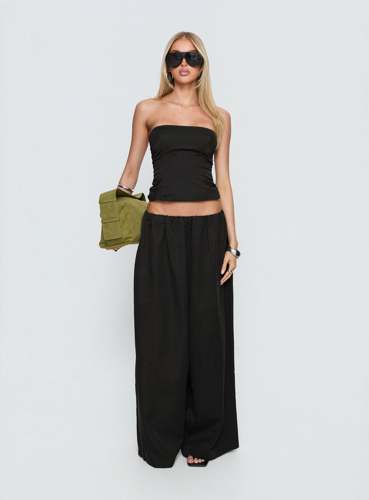 front view of model wearing Princess Polly Odara Wide Leg Pants Black Low Rise Pants 
