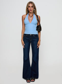 front view of model wearing Princess Polly Emaline Halter Top Blue Sleeveless Plunger 