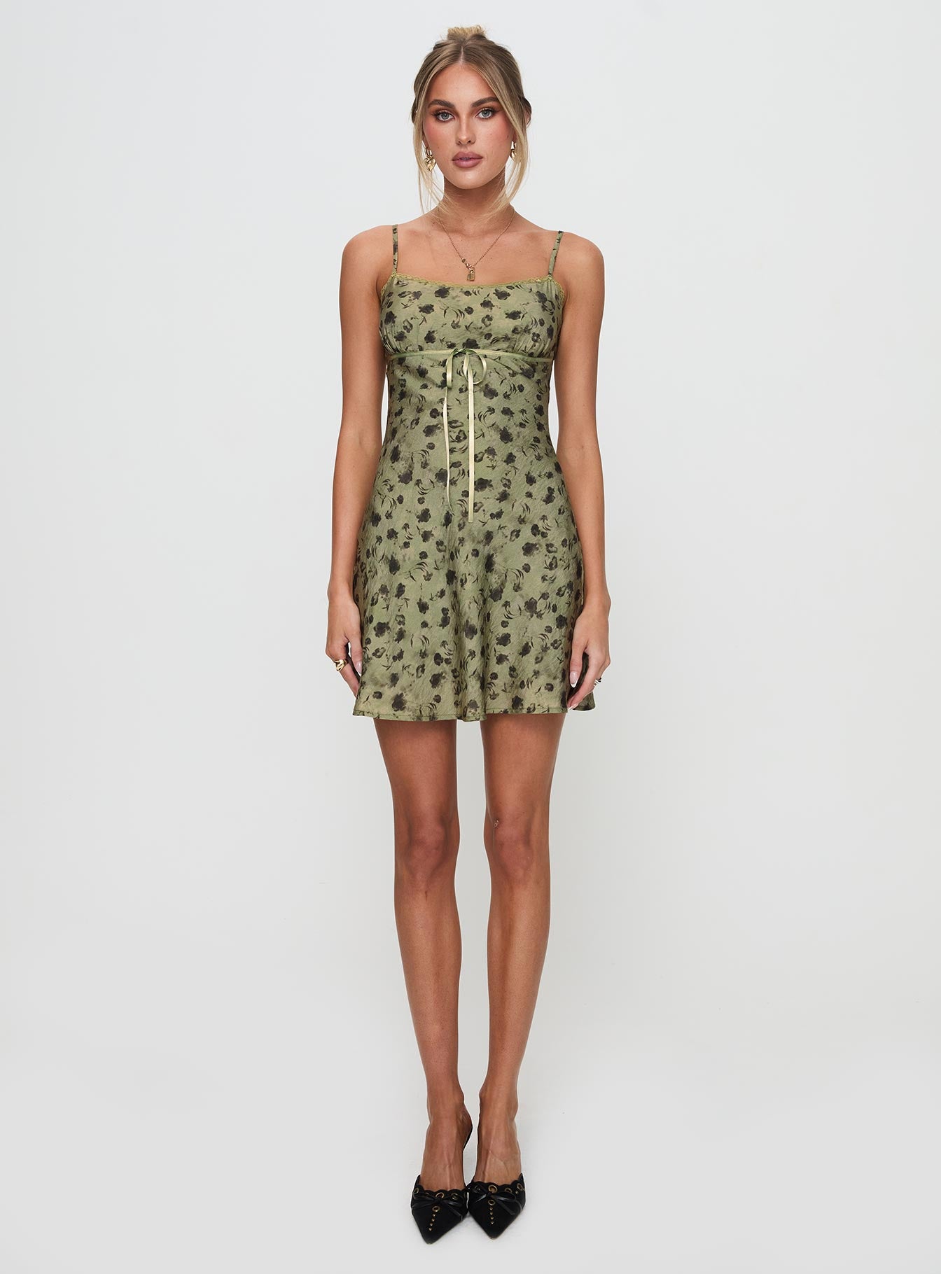 back view of model wearing Princess Polly Valencia Mini Dress Sage Floral Scoop Neck 