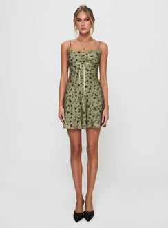 back view of model wearing Princess Polly Valencia Mini Dress Sage Floral Scoop Neck 