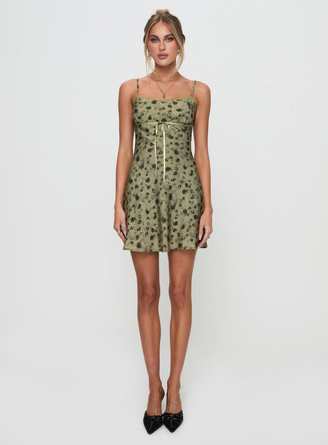 back view of model wearing Princess Polly Valencia Mini Dress Sage Floral Scoop Neck 