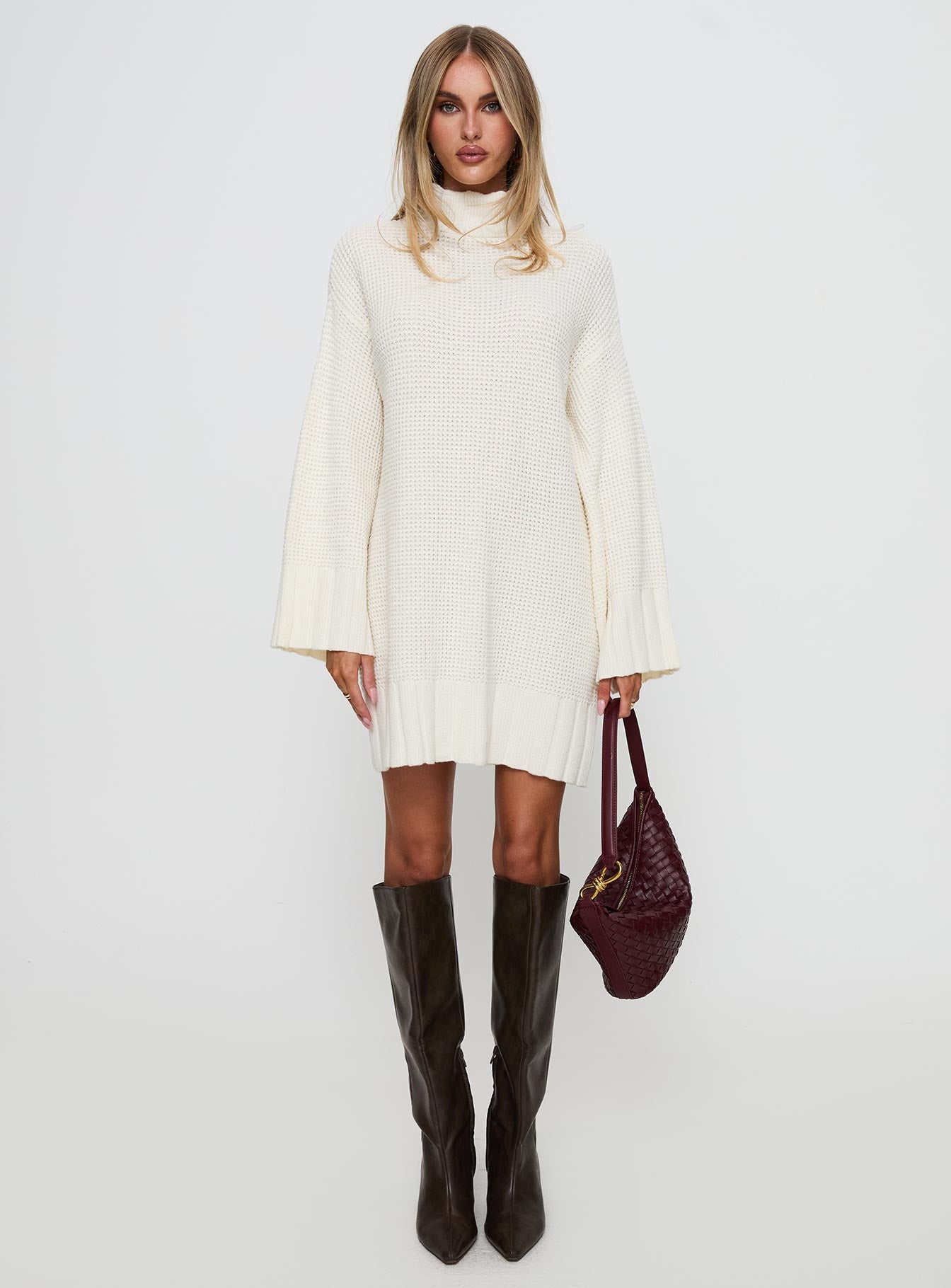 front view of model wearing Princess Polly Tarin Knit Mini Dress Cream High Neck 