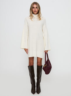 front view of model wearing Princess Polly Tarin Knit Mini Dress Cream High Neck 