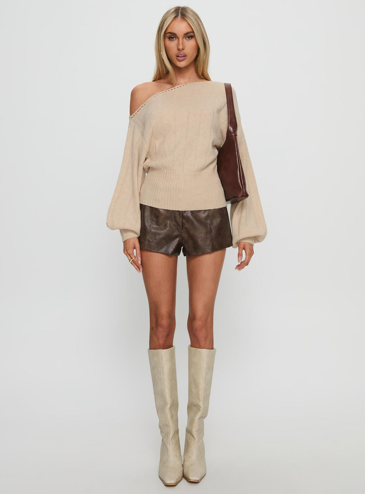 front view of model wearing Princess Polly Jackeline Off Shoulder Rib Jumper Cream 