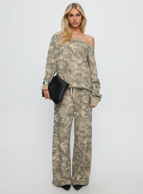 front view of model wearing Princess Polly Wellness Off The Shoulder Jumper Washed Camo 