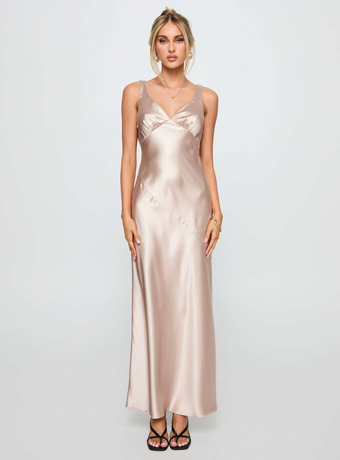 front view of model wearing Princess Polly Northern Star Maxi Dress Champagne V-Neck 