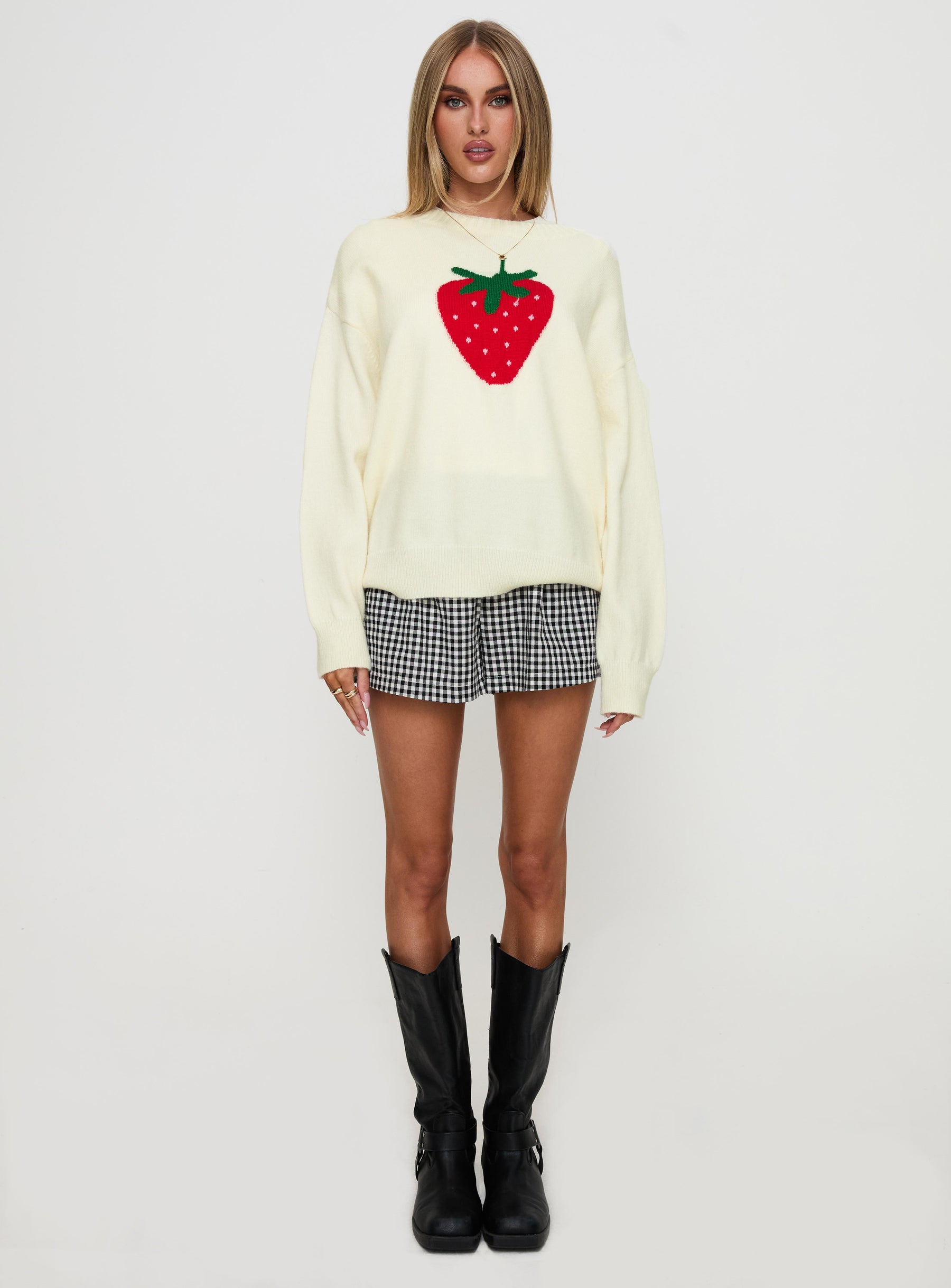 back view of model wearing Princess Polly Living Is Easy Knit Sweater White Long 