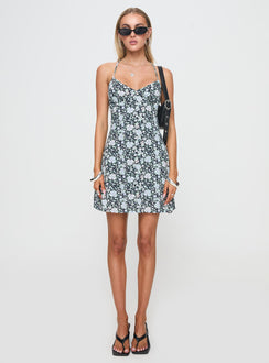 back view of model wearing Princess Polly Fern Mini Dress Black / Blue Floral V-Neck 