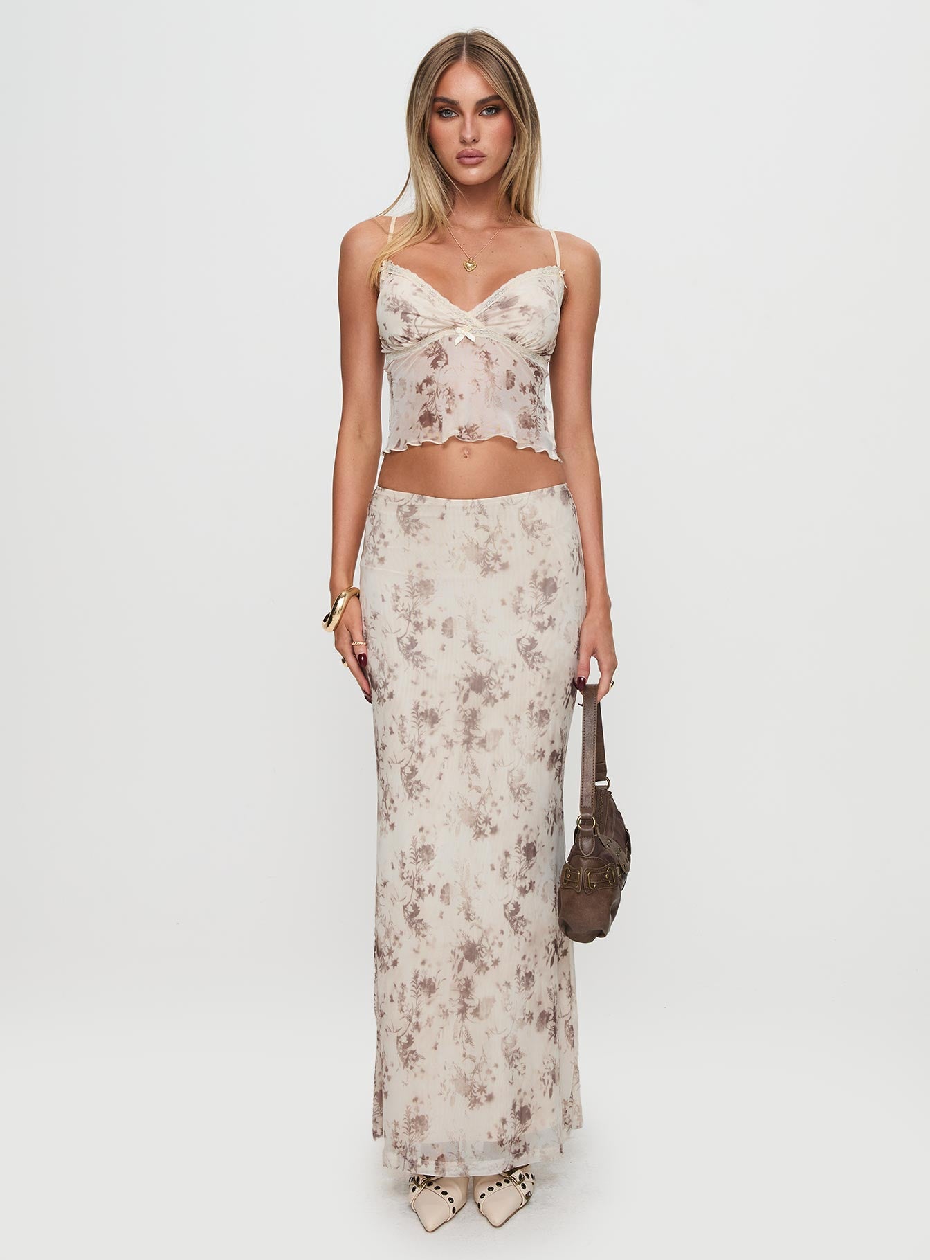   front view of model wearing Princess Polly Shepherd Maxi Skirt Floral Multi Maxi 