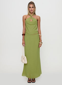 back view of model wearing Princess Polly Eleganza Top Green Sleeveless Cowl 