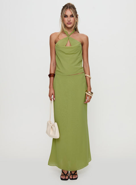 back view of model wearing Princess Polly Eleganza Top Green Sleeveless Cowl 