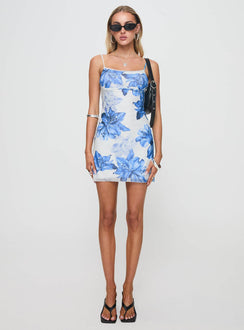 front view of model wearing Princess Polly Kellers Mini Dress White / Floral Square Neck 