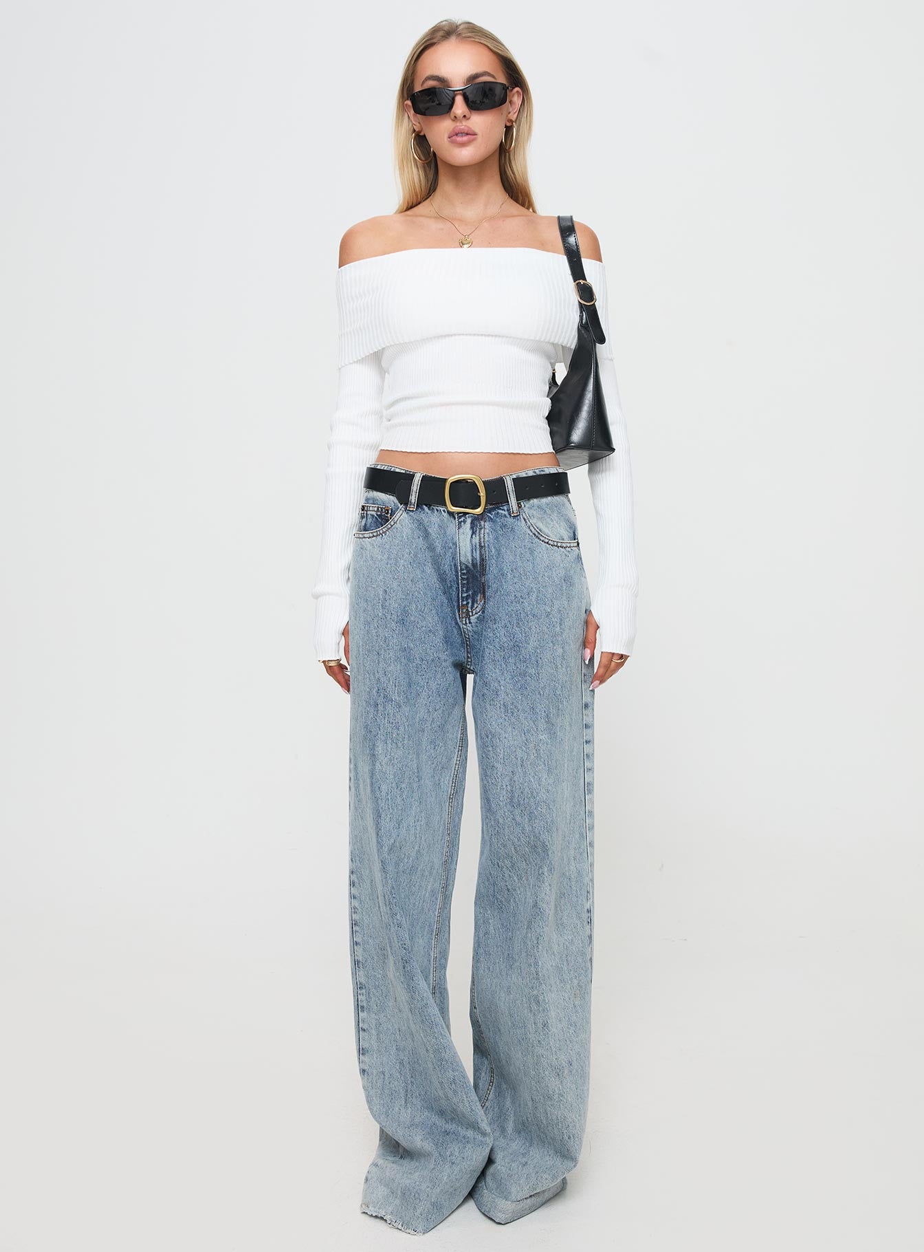 back view of model wearing Princess Polly Morley Off Shoulder Sweater White cropped 
